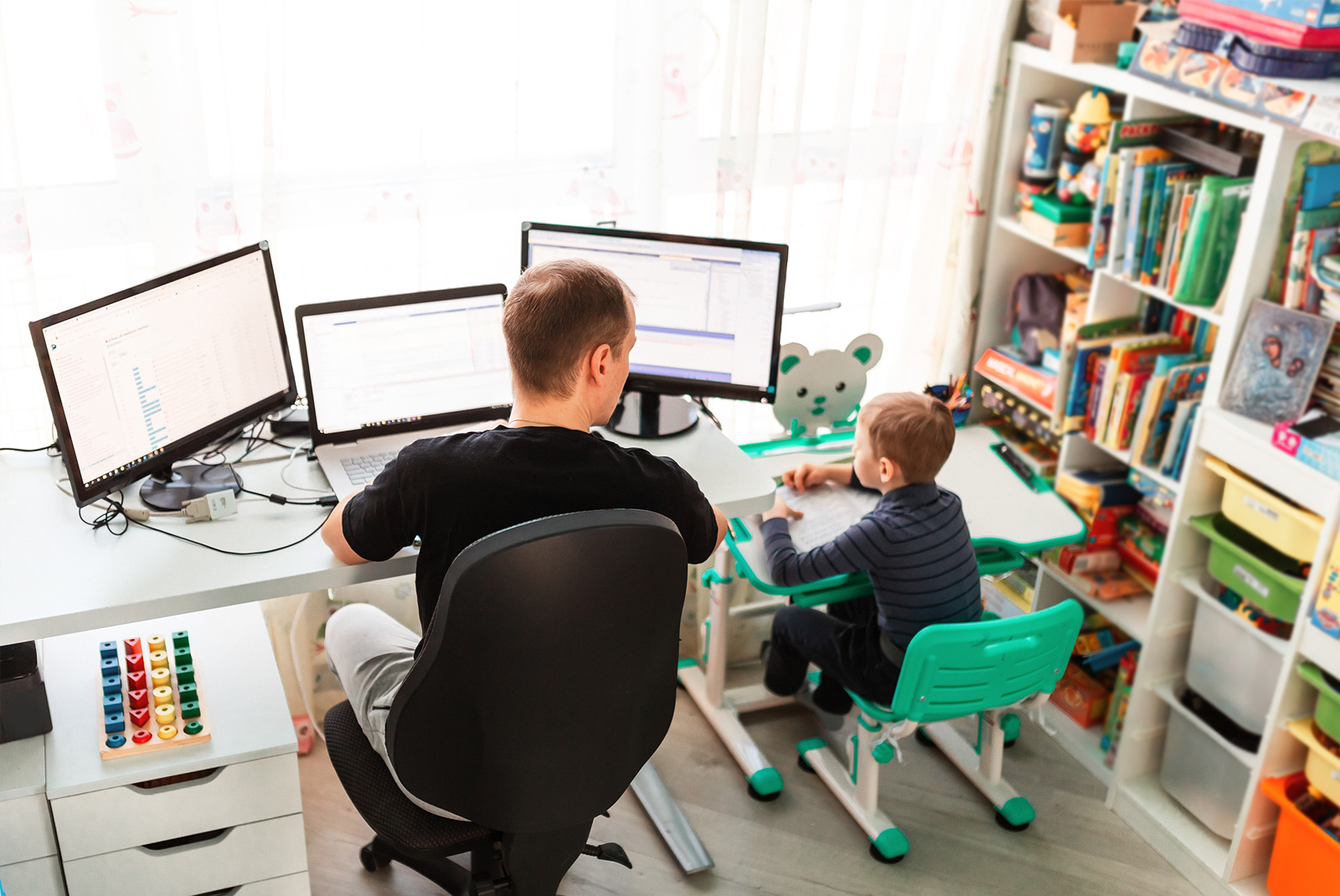 Home office set up in kids play room